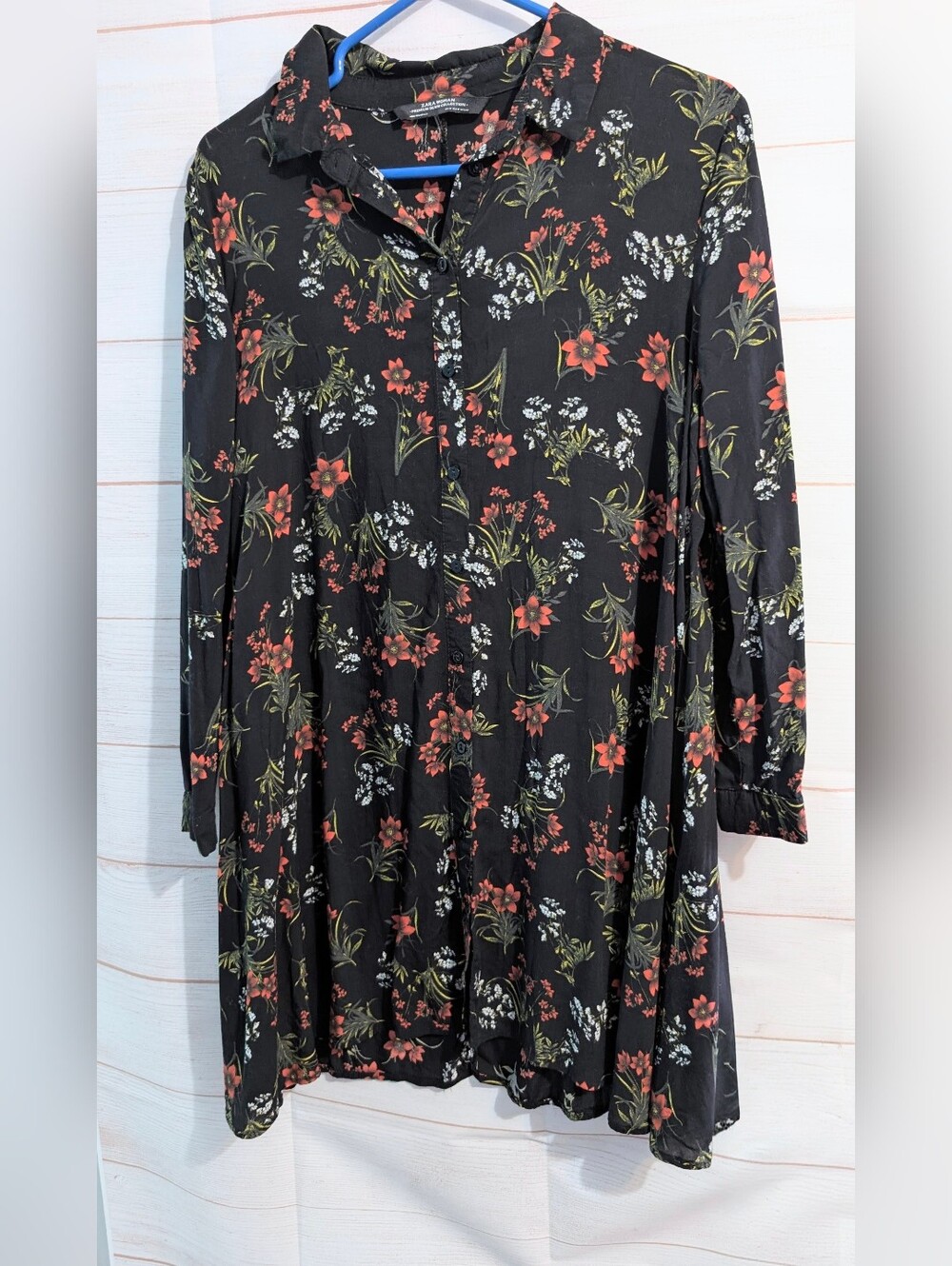Nwot Zara Black Floral Print Button-Up Tunic Dress Size Medium